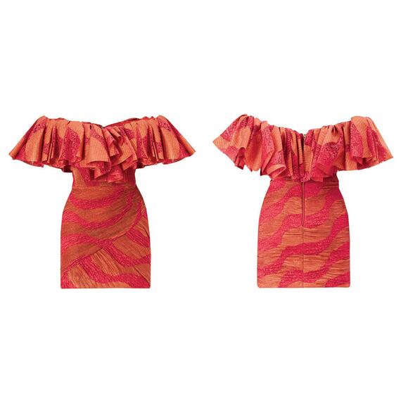 NWT RAISA VANESSA Metallic Lace Off The Shoulder Ruffled Minidress, FR38/US6 - Picture 3 of 9